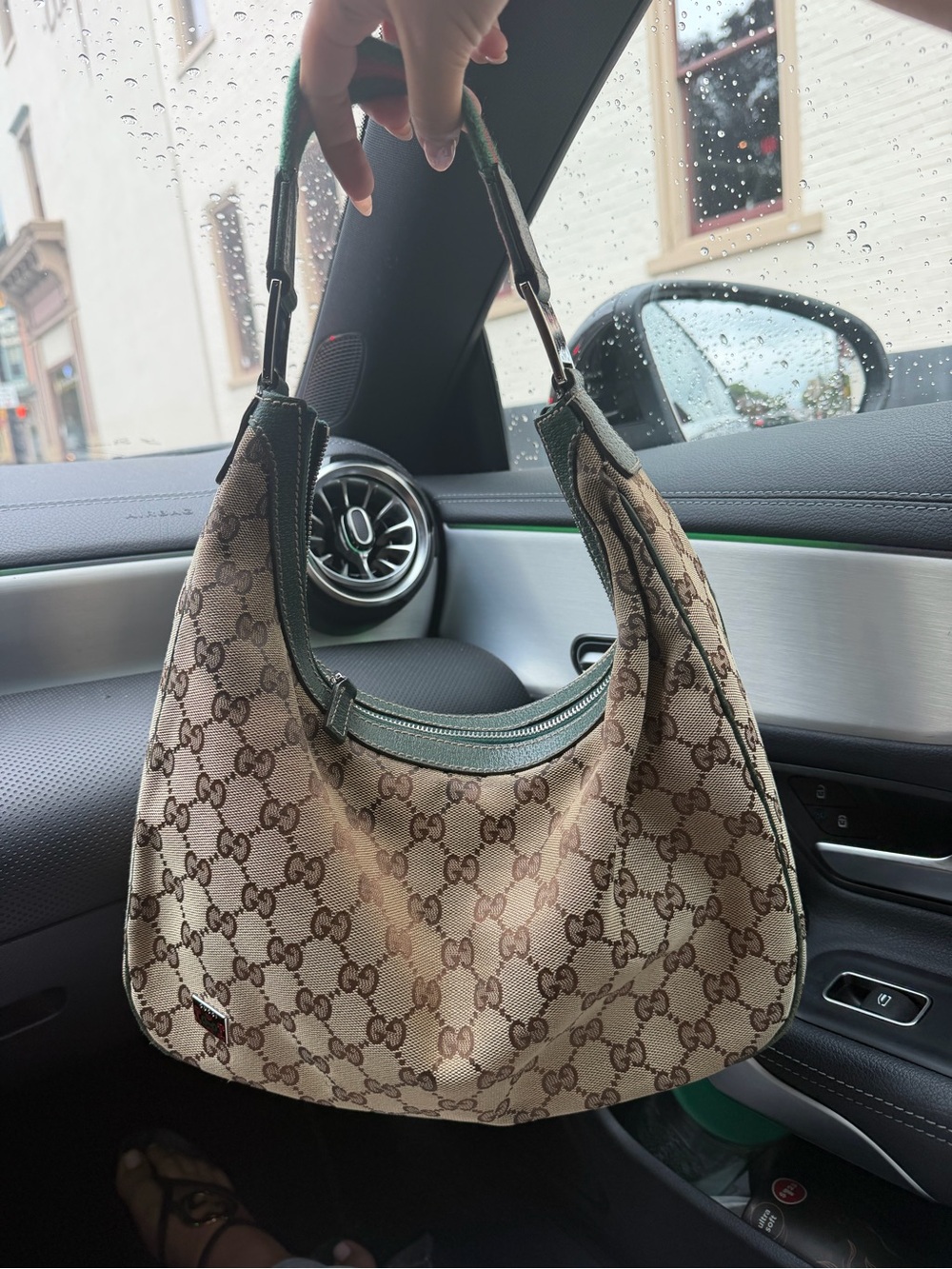 Gucci Beige Monogram Hobo with Green Trim